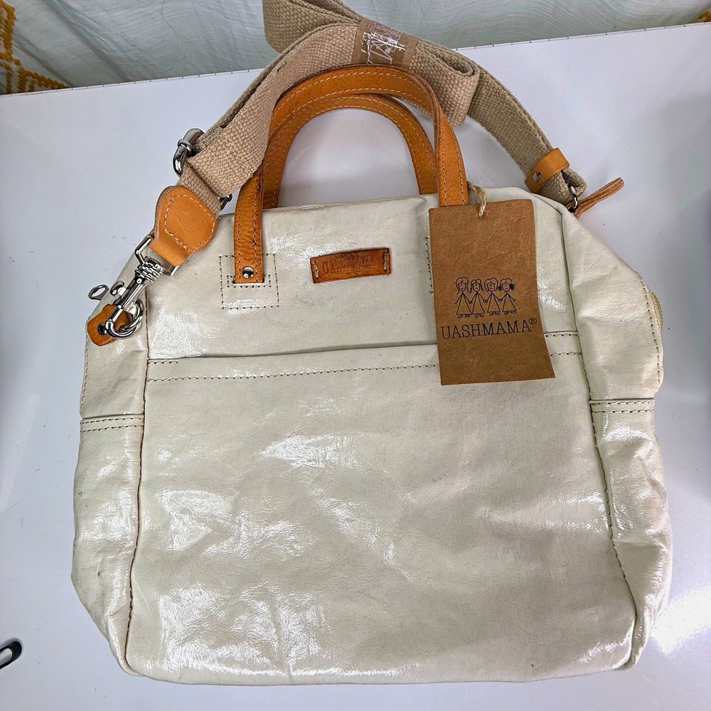 UASHMAMA White Paper/Leather trim Satchel Zip Top Double Handle Detachable Strap